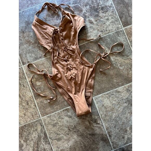 Skims Signature Swim Lace Up Monokini Almond Size XL - Picture 6 of 12